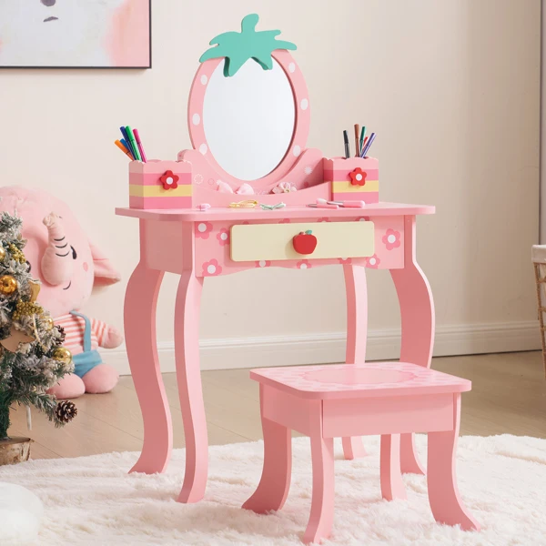 Pink MDF spray-painted + apple-printed 1-drawer 2-desktop storage box children's dressing table set