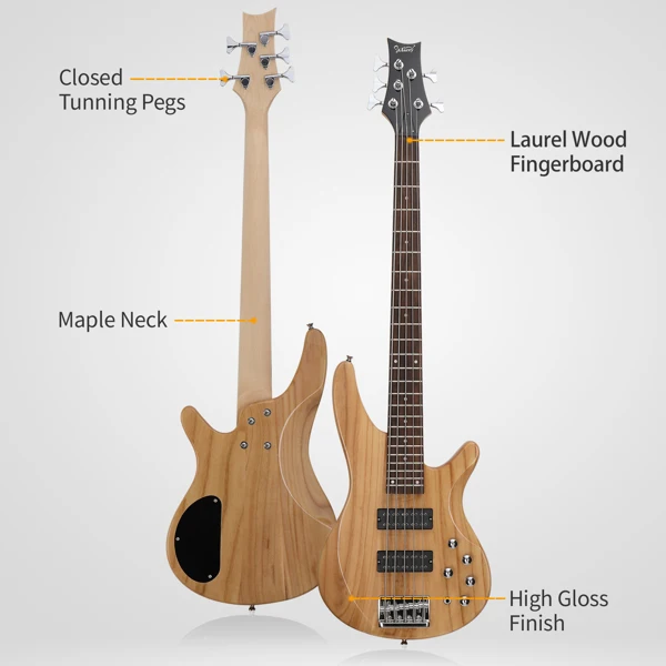 44 Inch GIB 5 String H-H Pickup Laurel Wood Fingerboard Electric Bass Guitar with Bag and other Accessories Burlywood view 5