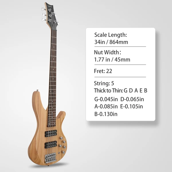 44 Inch GIB 5 String H-H Pickup Laurel Wood Fingerboard Electric Bass Guitar with Bag and other Accessories Burlywood view 6