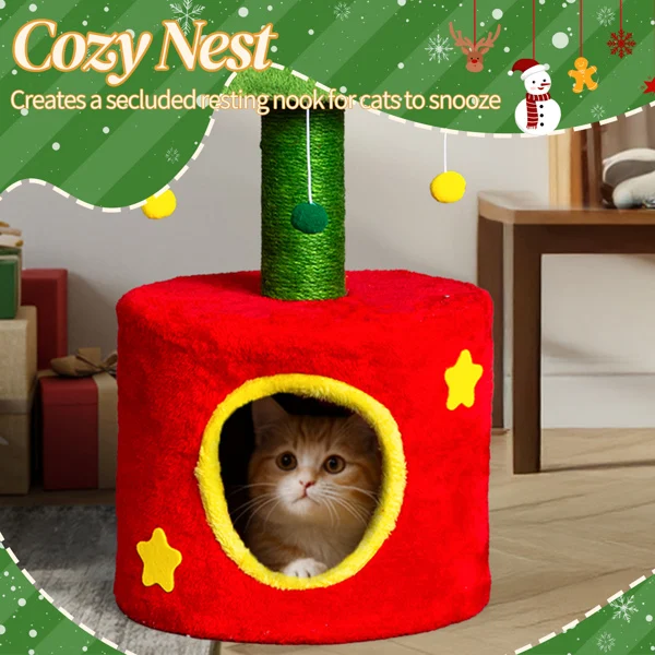 30in Cat Scratching Post with Cat House for Indoor Kitten, Small Cat Tree Tower with Sisal Post and Cute Hanging Balls, Red & Green view 2