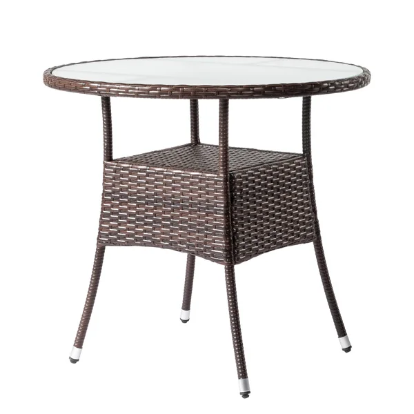 31.5" Patio Table for 4-Person, Outdoor Patio Wicker Round Dining Table, All-Weather Rattan Bistro Dining Table w/Glass Tabletop for Backyard Deck Porch Poolside, Brown view 2