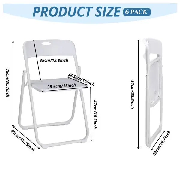 6 Pack Plastic Folding Chairs, Stackable Commercial Chairs, Portable Event Seats Indoor Outdoor for Home Event Party Picnic School Wedding, White view 2