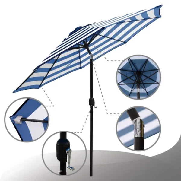 Outdoor 9ft Patio Umbrella with Crank Handle and Push Button Tilt, Outdoor Market Umbrella with 8 Ribs - Blue Stripe view 4
