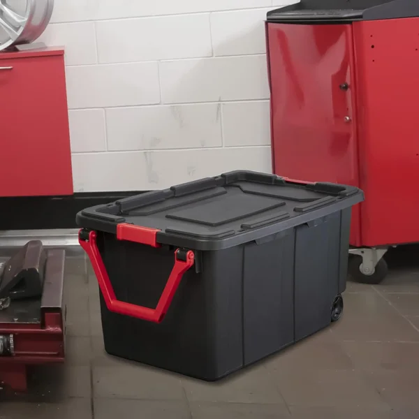 40 Gallon Durable Plastic Storage Tote with Latching Lid and Pull Handle, Black, 2 Pack view 3