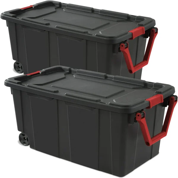 40 Gallon Durable Plastic Storage Tote with Latching Lid and Pull Handle, Black, 2 Pack