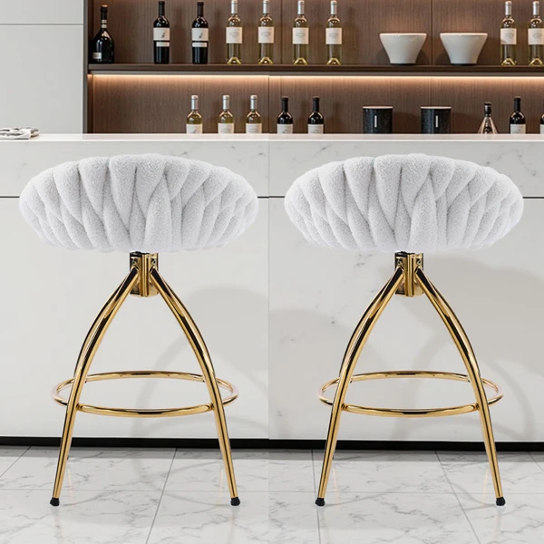 2pcs Teddy Velvet Gold-plated Iron Feet Bar Stool Weaving Style White With Swivel view 3