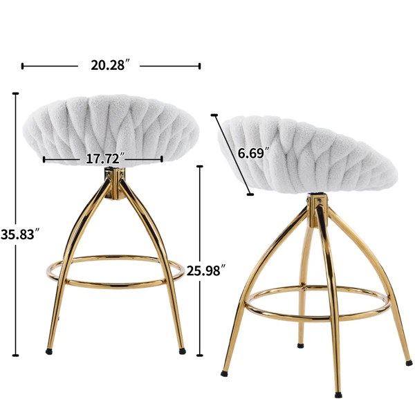 2pcs Teddy Velvet Gold-plated Iron Feet Bar Stool Weaving Style White With Swivel view 5