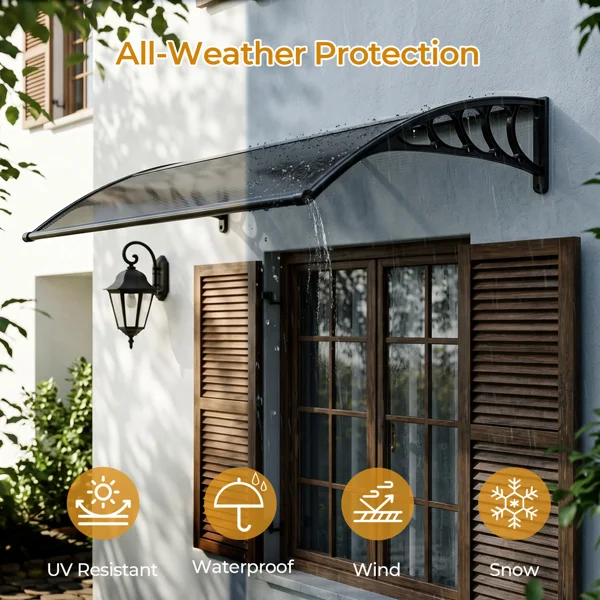Awning for Door Entrance with Drainage Sink, 40x48 Inch Window Canopy Exterior, UV Rain Snow Protection for House Porch Patio Deck, Black Bracket & Brown Board view 5