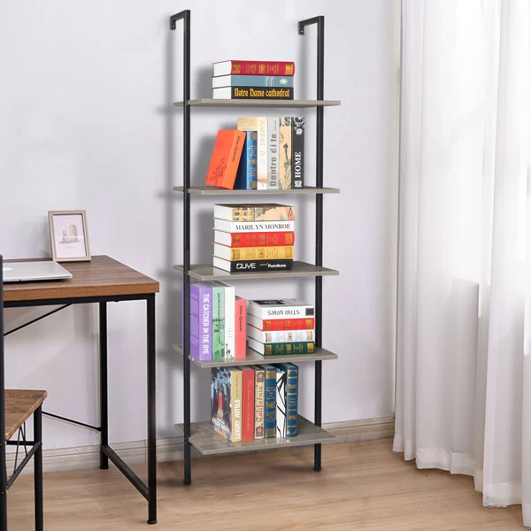 5-Shelf Wood Ladder Bookcase with Metal Frame, Industrial 5-Tier Modern Ladder Shelf Wood Shelves,Gray view 2