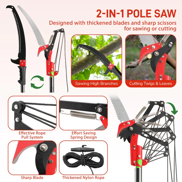 26ft Manual Pole Saw, Lightweight Tree Trimmers Long Handle Pruner Set, Sharp Steel Blade and Scissors Pole Saw for Trimming Palm, Pear Tree, Fir Tree, Other High Trees and Shrubs view 6