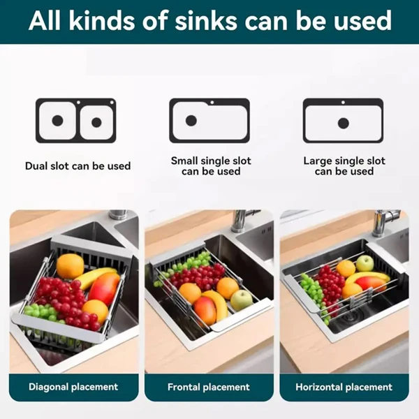 Adjustable Immersion Sink Dish Drying Rack With Stainless Steel Drain Basket - Portable And Retractable Space-Saving Fruit And Vegetable Solution view 6