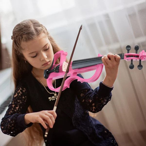 Full Size 4/4 Bunnel Edge Electric Silent Violin with Case Bow Rosin Headphone Connecting Line Pink view 3