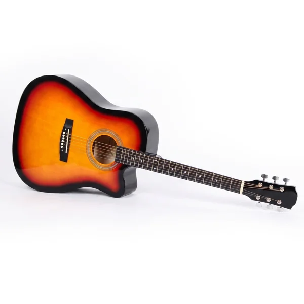 Sunset color 41-inch Dreadnought barrel-shaped cutaway acoustic guitar with pick, strings, capo, gig bag, tuner, wrench tool, and shoulder strap view 4