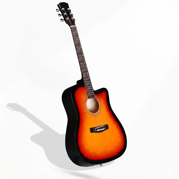Sunset color 41-inch Dreadnought barrel-shaped cutaway acoustic guitar with pick, strings, capo, gig bag, tuner, wrench tool, and shoulder strap view 6