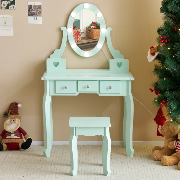 Kids Vanity Set with Mirror and Lights and Stool, 5 Storage Drawers, Pretend Play Princess Makeup Desk Dressing Table and Stool Set for Little Girls Age 3+, Macaroon Green