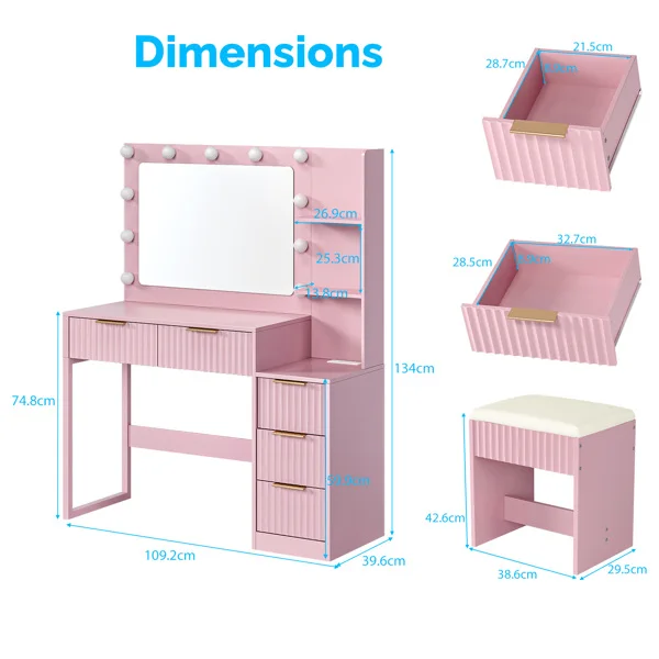 Pink particleboard with a melamine finish, 5-drawer, 2-tiered dressing table set with 11 three-tone light bulbs, power strip, and grille. view 4