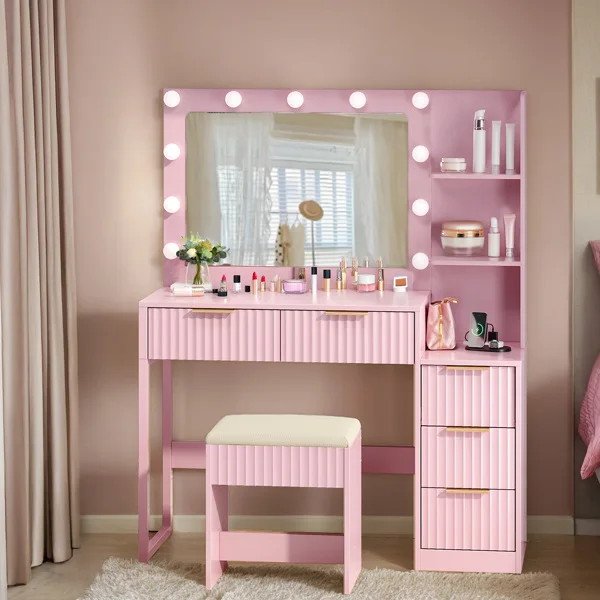 Pink particleboard with a melamine finish, 5-drawer, 2-tiered dressing table set with 11 three-tone light bulbs, power strip, and grille. view 6