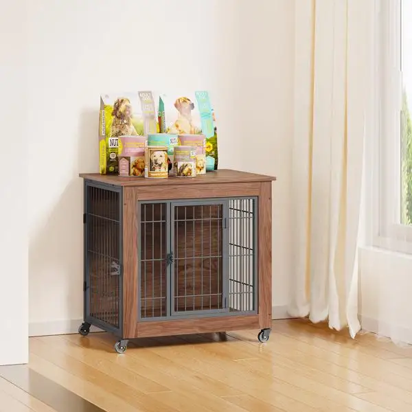 27.2" Dog Crate Furniture with Wheels for Small Dogs, Heavy Duty Dog Kennel Indoor with 2 Doors, Wooden Pet Cage End Table, Double-Doors Sturdy Metal Dog Cage for Anxiety Dog view 4