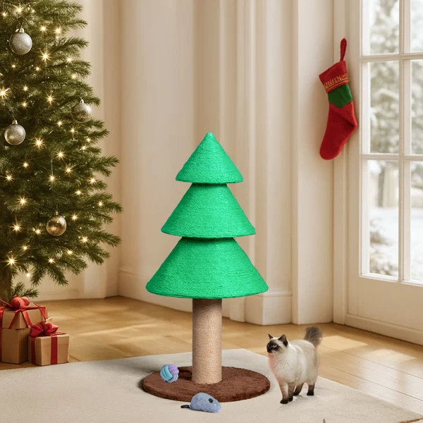 31.5in Christmas Tree Cat Scratcher, Cat Scratching Post for Indoor Cats, Large Sisal Cat Scratching Tree Cat Scratch Tower, Green view 4