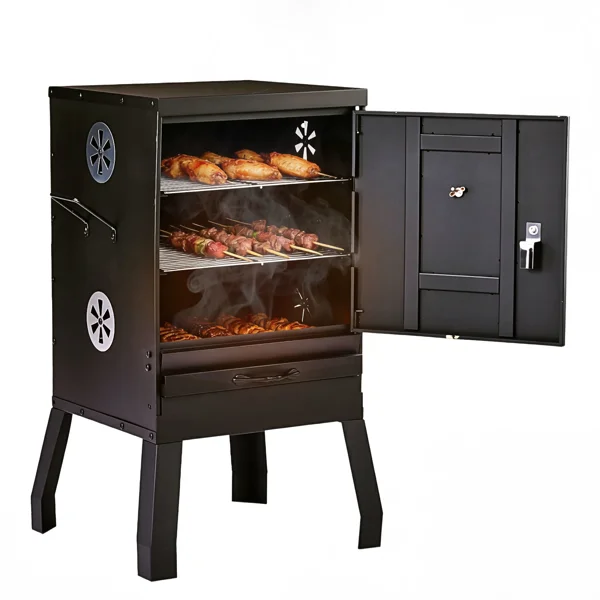 Portable Outdoor Smoker with 2 Detachable Grill Netting Smoking Racks, Charcoal Pan, 4 Air Vents, Thermometer, Vertical Charcoal Smoker for Barbecue Camping Backyard Grill view 4
