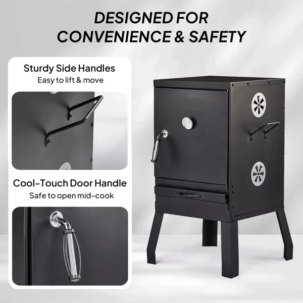 Portable Outdoor Smoker with 2 Detachable Grill Netting Smoking Racks, Charcoal Pan, 4 Air Vents, Thermometer, Vertical Charcoal Smoker for Barbecue Camping Backyard Grill view 6