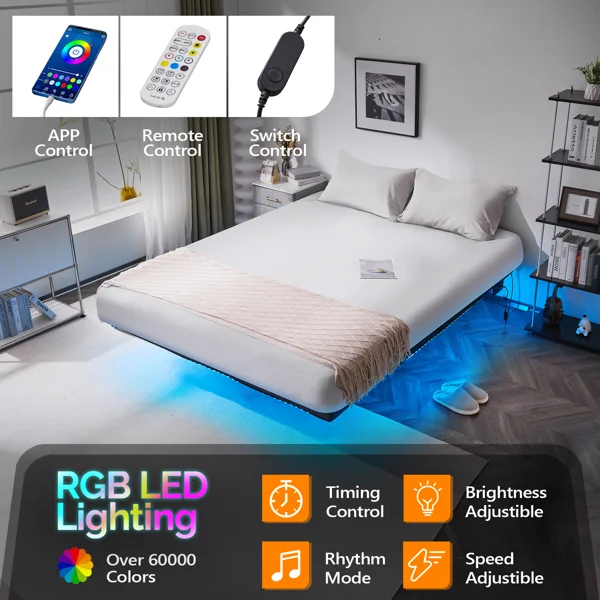 Black Full Size Floating Platform Metal Bed Frame - 14 Inch Height, Built-in LED Strip Light & Power Outlet view 5
