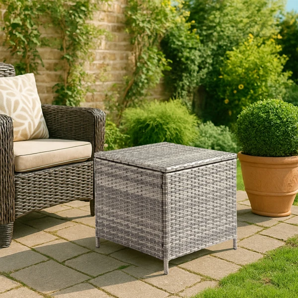 Outdoor PE Wicker Side Table with Storage, Patio Rattan End Table Square Container for Furniture Covers, Toys and Gardening Tools, Grey view 3
