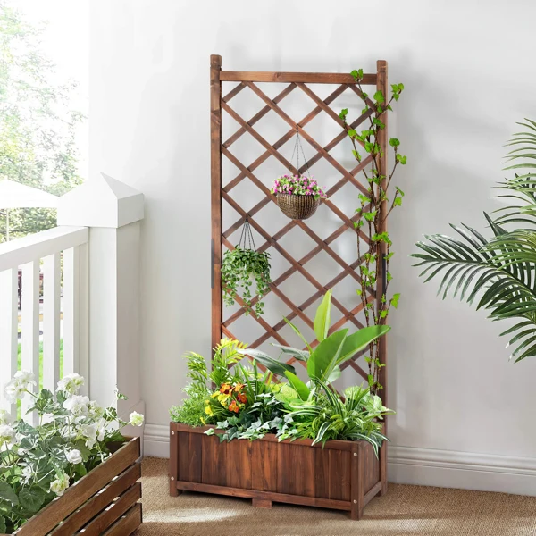 Wood Planter Raised Garden Bed with Trellis, 67 Inch Height Outdoor Garden Flower Standing Planter Box Lattice Panels with Planter for Patio Porch with Drainage Holes, Brown view 2