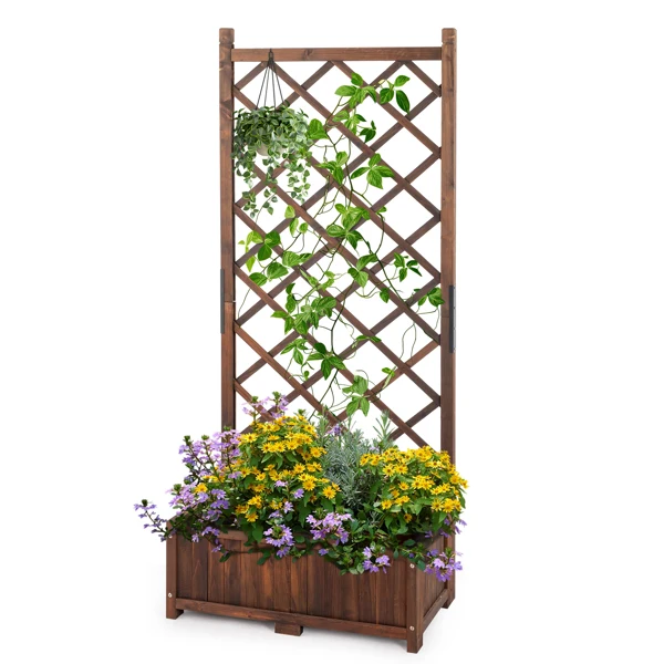 Wood Planter Raised Garden Bed with Trellis, 67 Inch Height Outdoor Garden Flower Standing Planter Box Lattice Panels with Planter for Patio Porch with Drainage Holes, Brown view 3