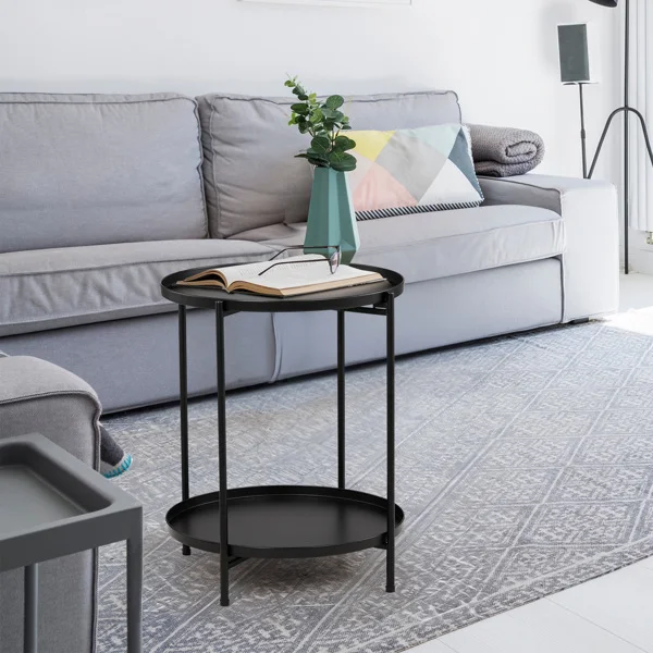 2-Tier Patio Side Table, Outdoor Metal Round Small Coffee Table with Removable Tray, Weather Resistant End Table for Indoor Outdoor Garden Balcony Yard, Black view 2