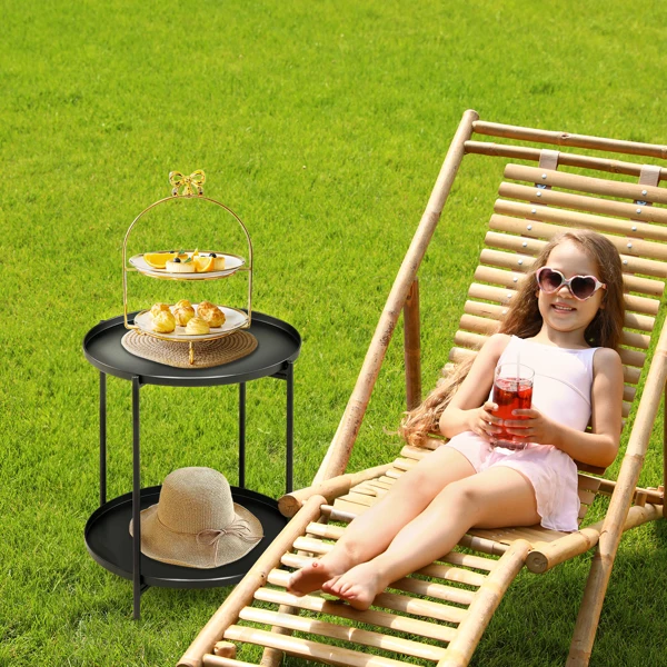 2-Tier Patio Side Table, Outdoor Metal Round Small Coffee Table with Removable Tray, Weather Resistant End Table for Indoor Outdoor Garden Balcony Yard, Black view 4