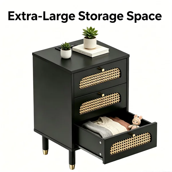 3-Drawer Nightstand with Woven Rattan Fronts and Built-in Power Outlet 15.75"*13.78"*23.82" Black view 6