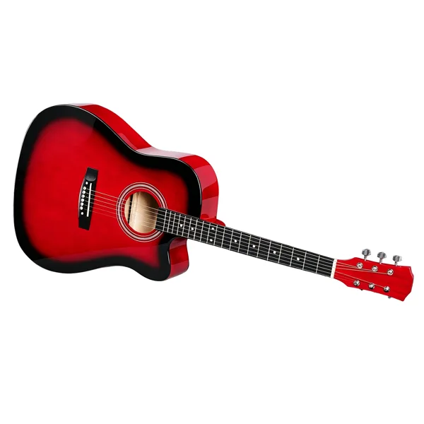 Turn red 41-inch Dreadnought barrel-shaped cutaway acoustic guitar with pick, strings, capo, gig bag, tuner, wrench tool, and shoulder strap view 3