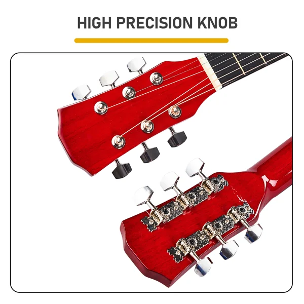 Turn red 41-inch Dreadnought barrel-shaped cutaway acoustic guitar with pick, strings, capo, gig bag, tuner, wrench tool, and shoulder strap view 5