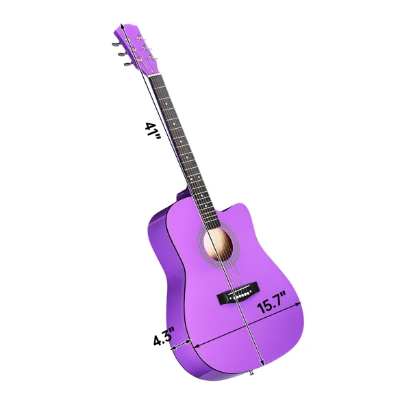 Purple 41-inch Dreadnought barrel-shaped cutaway acoustic guitar with pick, strings, capo, gig bag, tuner, wrench tool, and shoulder strap view 3