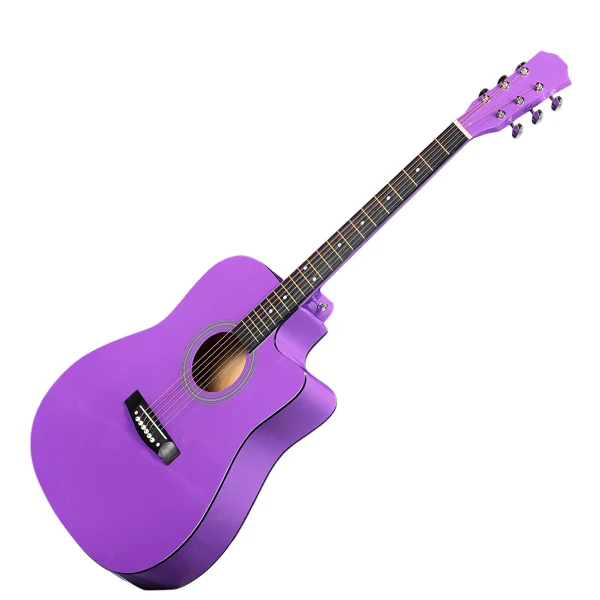 Purple 41-inch Dreadnought barrel-shaped cutaway acoustic guitar with pick, strings, capo, gig bag, tuner, wrench tool, and shoulder strap view 5