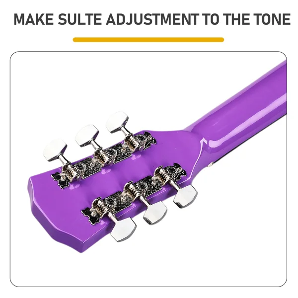 Purple 41-inch Dreadnought barrel-shaped cutaway acoustic guitar with pick, strings, capo, gig bag, tuner, wrench tool, and shoulder strap view 6