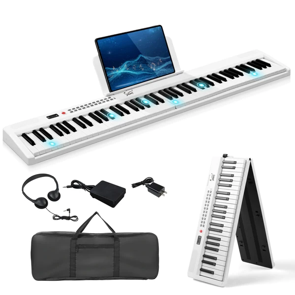 GPP-106 88 Key Folding Piano Semi-Weighted Standard Keyboards Digital Piano with MIDI Bluetooth, Handbag, Headphone, for Piano Lover White color