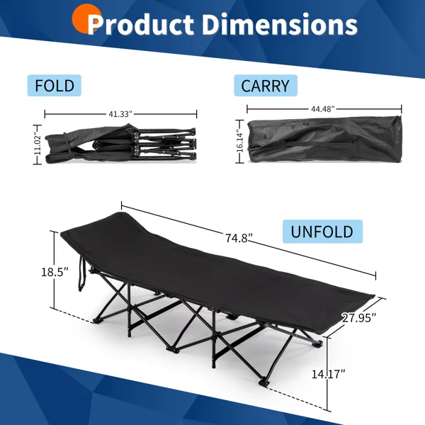 Folding Camping Cot Bed with Soft Pad, Portable Outdoor Cot, Adults Sleeping Bed for Home Office Nap Beach Travel, Black view 5