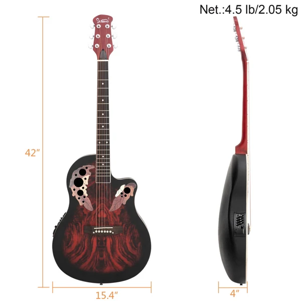 41 inch Full-Size Cutaway Acoustic-Electric Guitar Grape Voice Hole Spruce Top Round Back Sunset Red view 3
