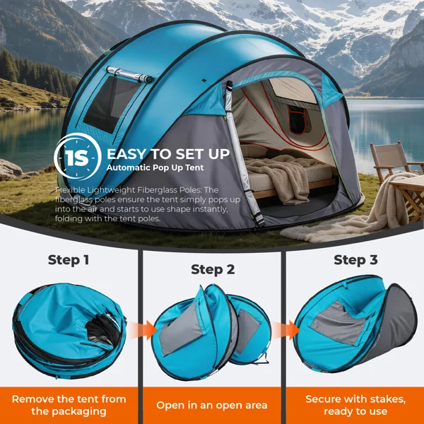 4 Person Pop Up Tent for Camping, Waterproof Instant Family Tent with Front Awning, Automatic Tent Throw Pop Up Instant Flip Pop Tent for Camping, Blue view 5