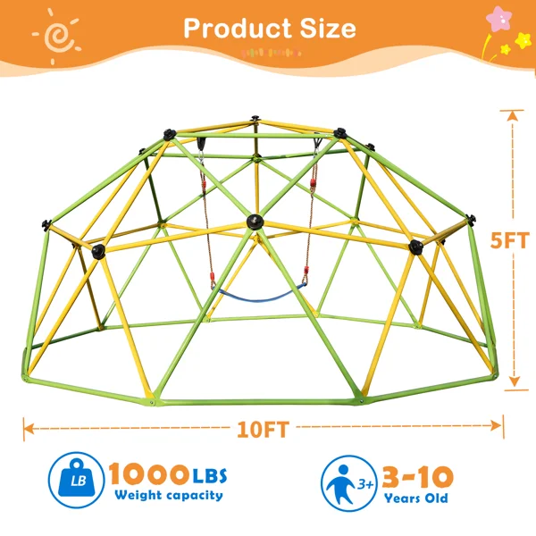 10FT Climbing Dome for Kids Jungle Gym Apply To Park Dome Climber With Swing Playground Equipment,Green view 2