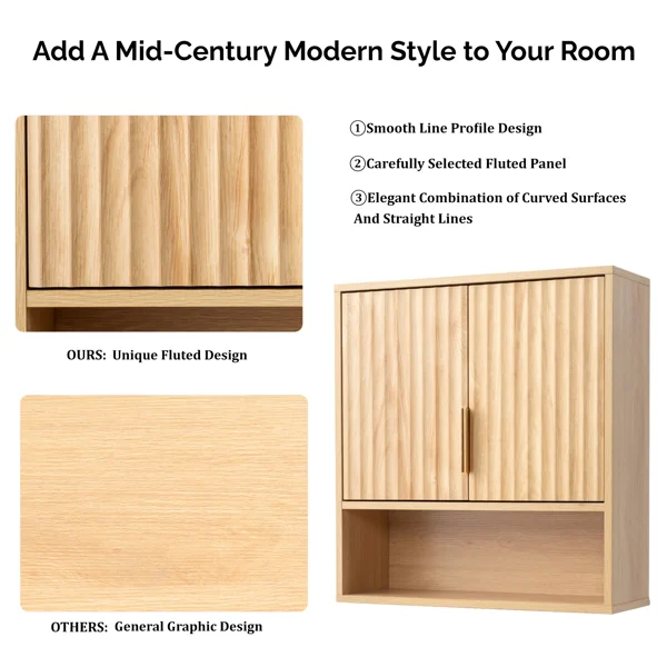 2-Door 3-Tier Slatted Bathroom Wall Cabinet 24.49"*22.83"*8.07 Oak view 3
