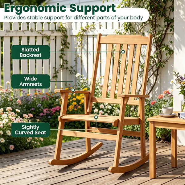 Solid Acacia Wood Outdoor Rocking Chair, Heavy Duty 400LBS Capacity Porch Rocker with Slatted Back for Backyard Deck Garden view 4