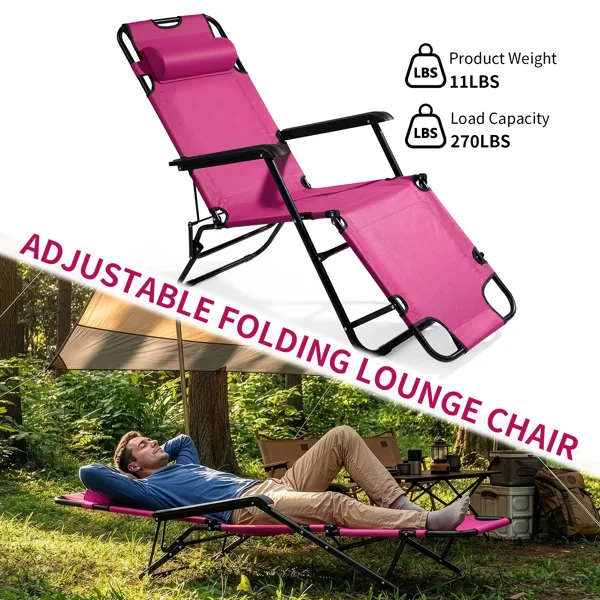 Portable Dual Purposes Extendable Folding Reclining Chair Pink view 2