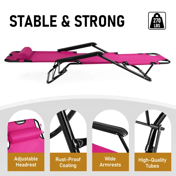 Portable Dual Purposes Extendable Folding Reclining Chair Pink view 4