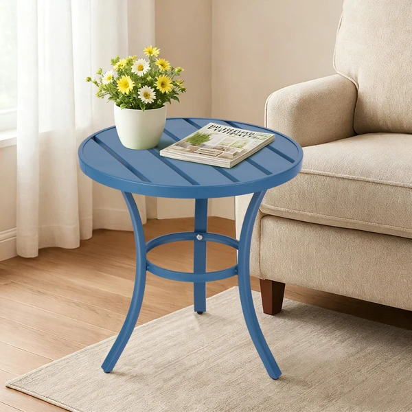 Outdoor Round Side Table, Small Metal Table Patio End Table Coffee Bistro Table for Indoor Outdoor, Navy Blue view 4