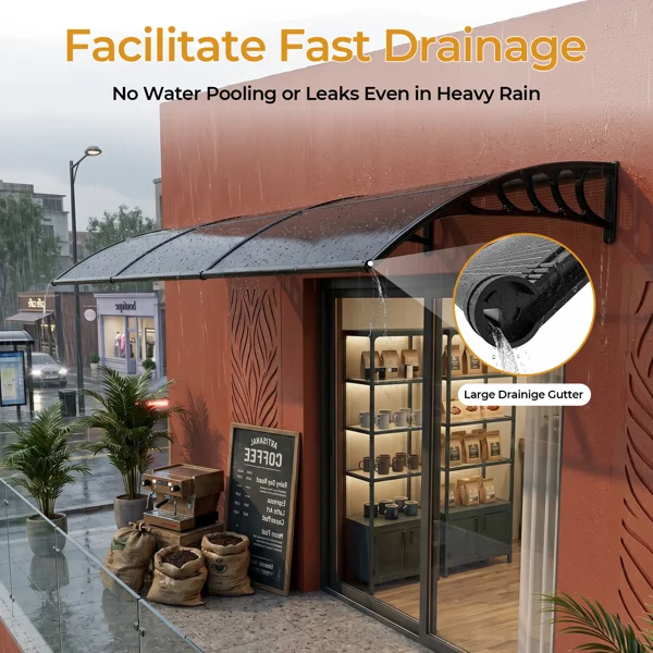 Awning for Door Entrance with Drainage Sink, 40x120 Inch Window Canopy Exterior, UV Rain Snow Protection for House Porch Patio Deck, Black Bracket & Brown Board view 4