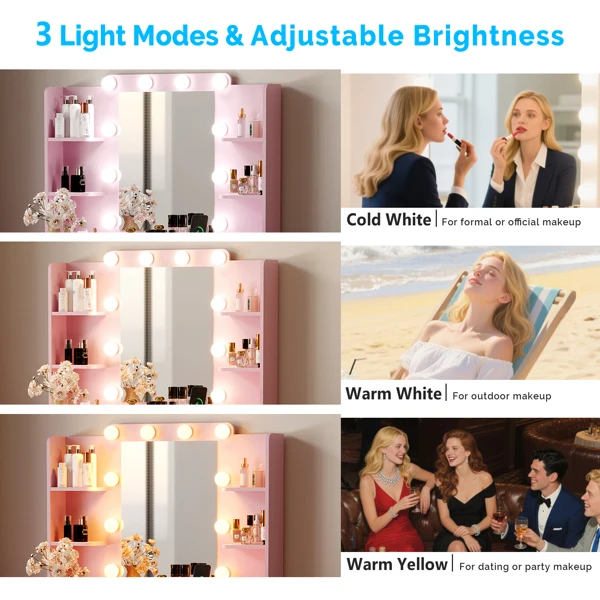 Pink particleboard with a melamine finish, a 2-drawer, 4-shelf dressing table set with 10 three-tone light bulbs, a power strip, and a grille. view 3