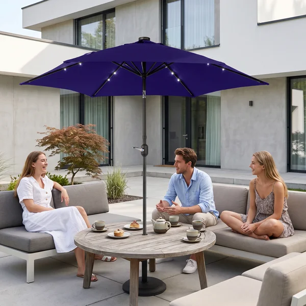 9ft Solar LED Patio Umbrella with Push Button Tilt & Crank, 6 Ribs Waterproof Polyester Outdoor Market Table Umbrella for Garden Backyard Pool, Navy Blue view 6